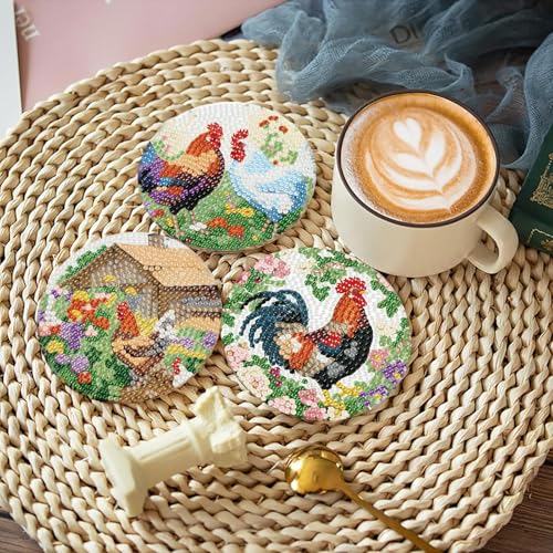 askkqtx 8 Pcs Chicken Diamond Art Coasters Kits with Holder 4X4 Inch - color: Coasters-bdwy296