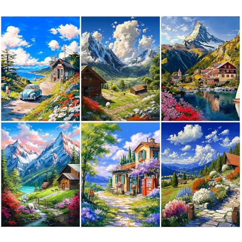 DOTSOPS 6 Pack Landscape Diamond Painting Kits for Adults Round Full Drill - color: Landscape B