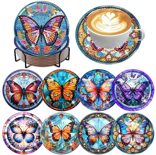 ijbnhd 8 Pcs Butterfly Diamond Painting Coasters Kits with Holder - color: Butterfly