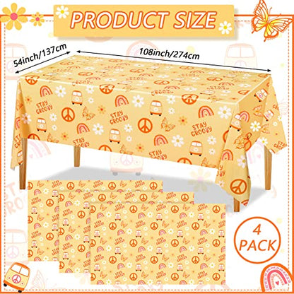 Tegeme 4 Pack Groovy Hippie Tablecloths for Theme Party, 54 x 108 Inch - size: 54 x 108 Inch