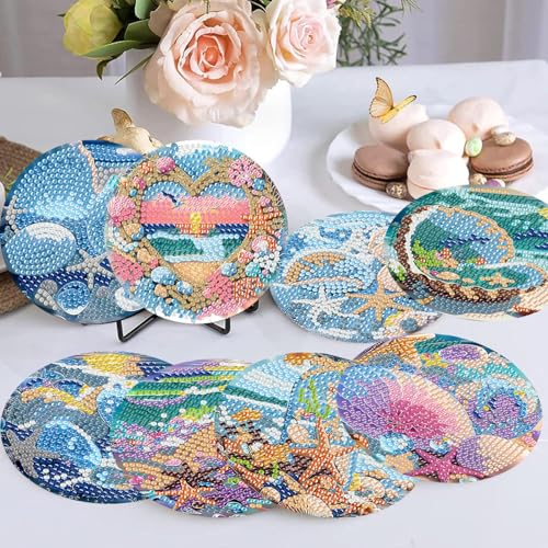 Ekuxom 8 PCS Beach Diamond Art Coasters Kits with Holder - color: Beach-2