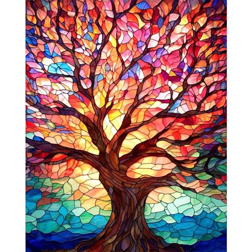 Tree Paint by Numbers for Adults - Stained Glass Paint by Number on Canvas - color: MT12191