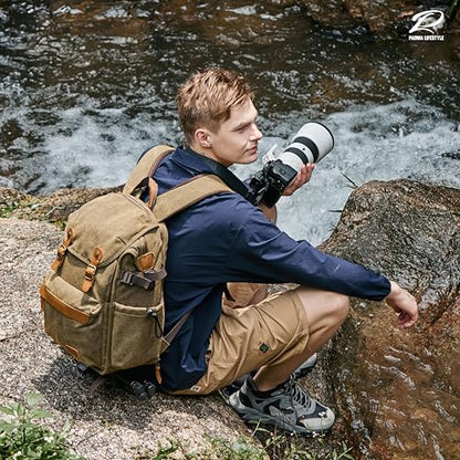 Padwa Lifestyle Khaki Camera Backpack - Professional DSLR & UAV Camera Bag,Anti Theft Canvas Camera Backpacks with Rain Cover,Large Capacity Photography Travel Camera Bag with Multi Compartments - color: Khaki Canvas, style: Canvas Bag Flap