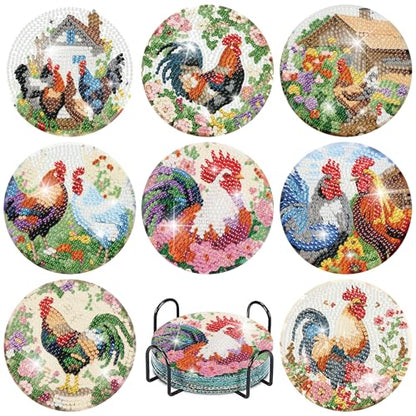 askkqtx 8 Pcs Chicken Diamond Art Coasters Kits with Holder 4X4 Inch - color: Coasters-bdwy296