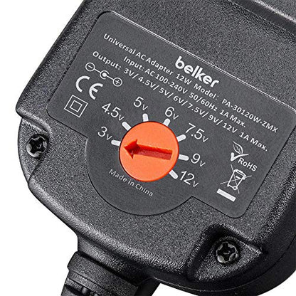 Belker 12W 3V 4.5V 5V 6V 7.5V 9V 12V Adjustable Voltage Universal AC/DC Adapter Power Supply for Household Electronics,Micro USB - 1A Max. [BN]