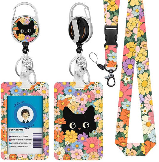 Black Cat Flower Lanyards for Badges, Cute ID Badge Holder - color: Cat Flower