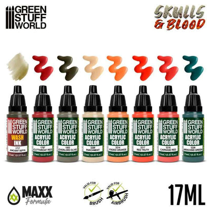 Green Stuff World Maxx Formula Acrylic Paint Set, Skulls & Blood, 8 Colors, 17ml Dropper Bottles 12064