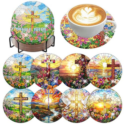 HHMATITS 8 Pcs Christ Cross Diamond Art Coasters 4X4 Inch - color: Cross
