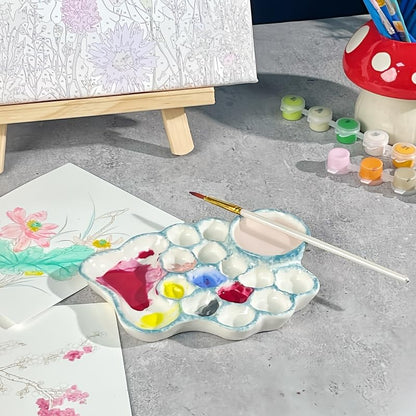 Blue Ceramic Paint Palette with Built-in Washing Area and Large Mixing Area