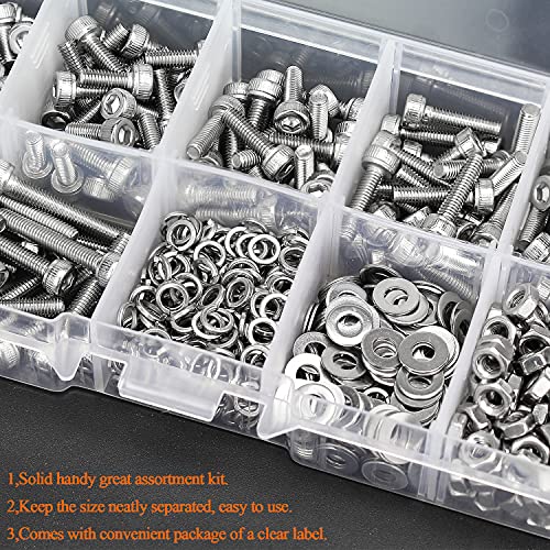 HELIFOUNER 500 Pieces M3 x 6mm /8mm /10mm /12mm /16mm /20mm, Hex Socket Head Cap Metric Screws Bolts Washers Nuts Kit, 304 Stainless Steel - size: M3