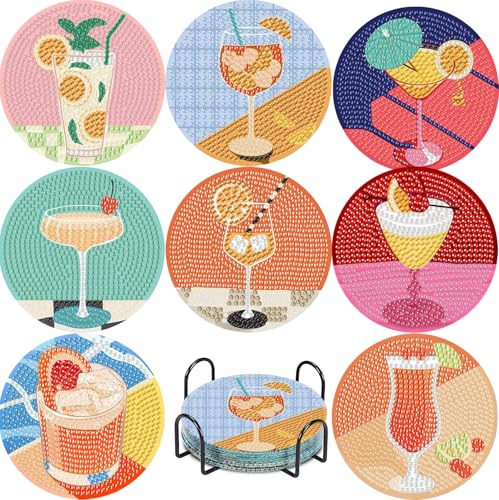 CAMOYAI 8 pcs Diamond Art Coasters Kits with Holder, DIY 5D Retro Cocktail Diamond Painting Coasters,Diamond Art Kits for Adults Beginners - color: cocktail
