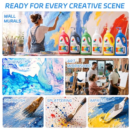 Falling in Art Large Bulk 67.6 Oz Acrylic Paint Set, Non-Toxic, 6-Color - color: 6 Color Set