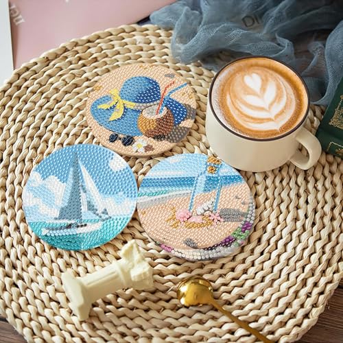 askkqtx 8 Pcs Beach Diamond Art Coasters Kits with Holder 4X4 Inch - color: BDWY355