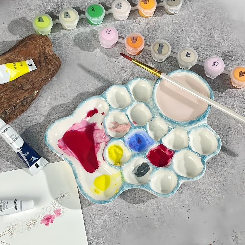 Blue Ceramic Paint Palette with Built-in Washing Area and Large Mixing Area