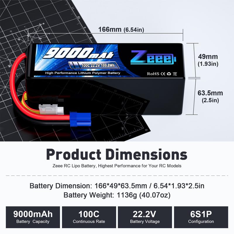 Zeee 6S Lipo Battery 9000mAh 22.2V 100C EC5 Connector (2 Pack)