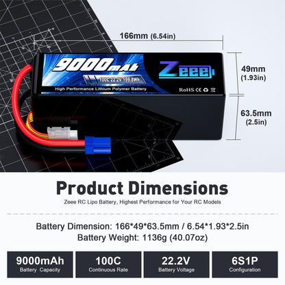 Zeee 6S Lipo Battery 9000mAh 22.2V 100C EC5 Connector (2 Pack)