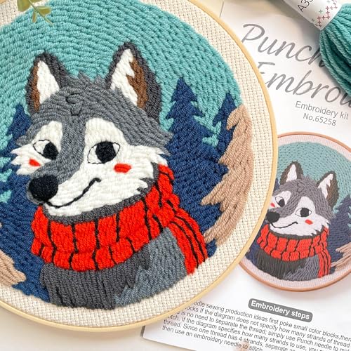 Myfelicity Punch Needle kit, a Beginner Set with Wolf Pattern Design, Suitable for Beginners and Adults with 7.9-inch Hoop - color: wolf