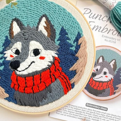 Myfelicity Punch Needle kit, a Beginner Set with Wolf Pattern Design, Suitable for Beginners and Adults with 7.9-inch Hoop - color: wolf
