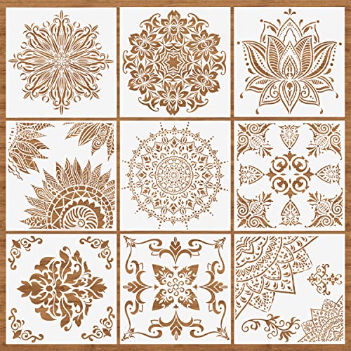 9 Pcs Mandala Stencils, 12x12 Inch Reusable Painting Template for DIY Craft - style: Large Mandala Stencils