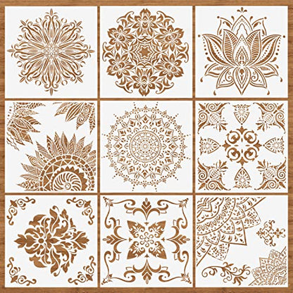 9 Pcs Mandala Stencils, 12x12 Inch Reusable Painting Template for DIY Craft - style: Large Mandala Stencils