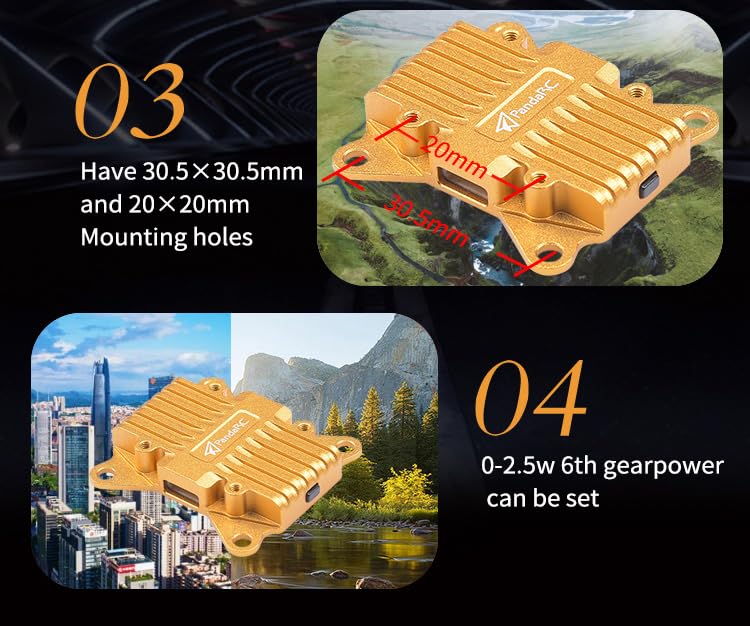 PandaRC VT5804 BAT 5.8GHz FPV VTX 0mW/25mW/400mW/800mW/1500mW/2500mW switchable with M3 and M2 Mounting hole transmitter for Long-Distance FPV Racing Drone quad(38mm×36.5mm×7.2mm)