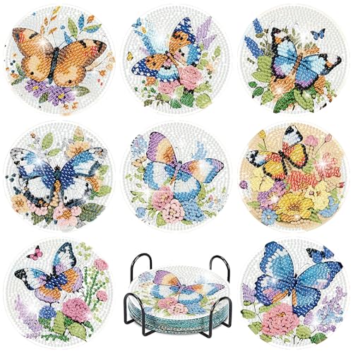 cupmod 8PCS Butterfly Diamond Art Coaster Kits for Adults,Diamond Painting Coasters with Holder, Crafts Kits for DIY Coasters Diamond Art Kits for Adults - color: Jxbd53