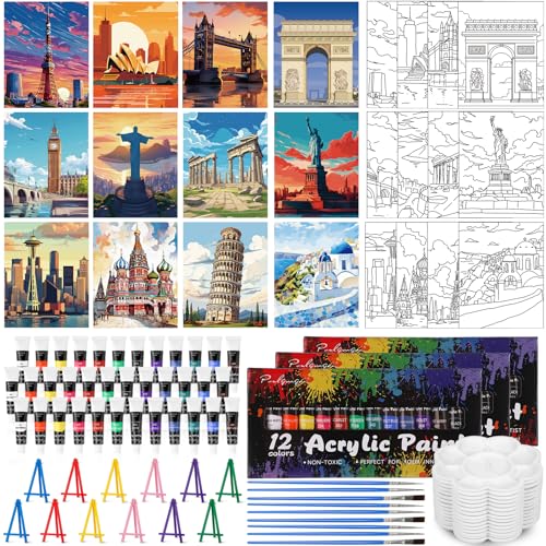 Sherr 108 Pcs Landmarks Sip and Paint Kit, Pre Drawn Canvas for Adults - style: Landmarks
