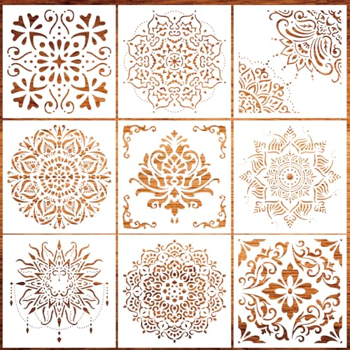 9 Pack Large Mandala Stencils, 12 Inch Templates for Wood and Walls