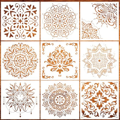 9 Pack Large Mandala Stencils, 12 Inch Templates for Wood and Walls
