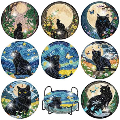 askkqtx 8 Pcs Black Cat Diamond Art Coasters Kits with Holder 4X4 Inch - color: Coasters-bdwy340