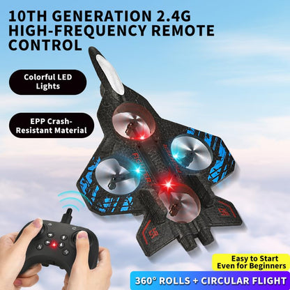 Foam RC Plane Drone for Kids, Remote Control Airplane Fighter Jet with LED Light, Auto Hover, 360°Flip, 2 Batteries (16 Mins Flight), Easy to Fly for Beginners