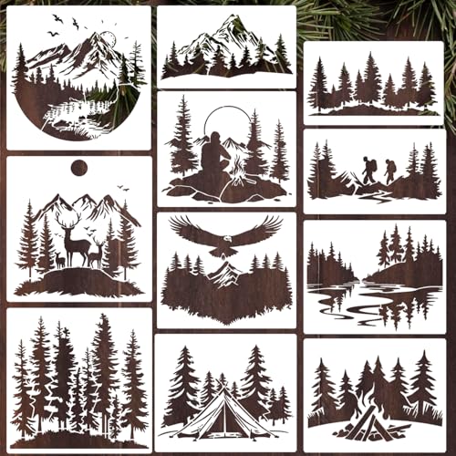 Mountain Tree Stencils for Painting Forest Animal Stencils for Wood Burning - style: Mountain