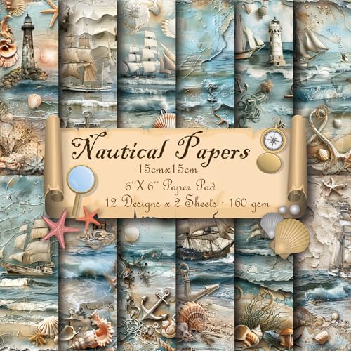 6x6" Cardstock Single Sided Scrapbooking,Craft Decorative Scrap Book Paper - color: 24sheets-Nautical Paper