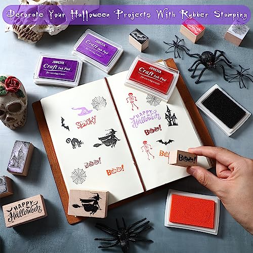 Woanger 15 Pcs Halloween Wooden Rubber Stamps and Craft Ink Pads Craft Card Pads Wooden Rubber Stamp for Scrapbooking DIY Stamps Paper Wood Fabric Halloween Holiday - color: Frightful