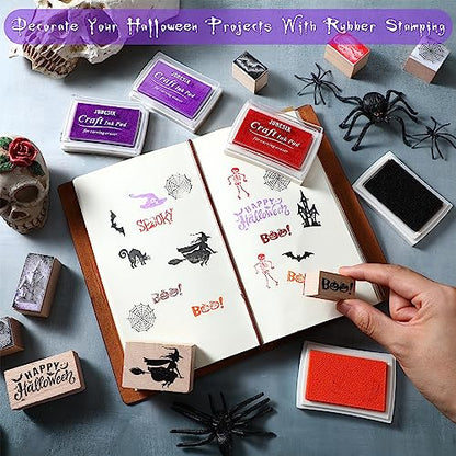 Woanger 15 Pcs Halloween Wooden Rubber Stamps and Craft Ink Pads Craft Card Pads Wooden Rubber Stamp for Scrapbooking DIY Stamps Paper Wood Fabric Halloween Holiday - color: Frightful