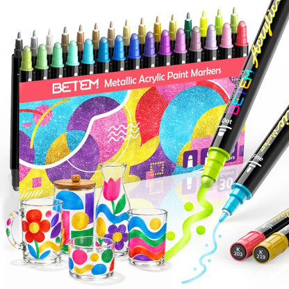 Betem 30 Metallic Dual Tip Wine Glass Markers, Acrylic Paint Glass Pen