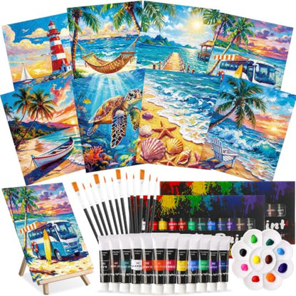 Cholemy 36 Pcs Paint and Sip Kit Gift for Adults 8''x10'',Seaside Scenery - style: Seaside Scenery