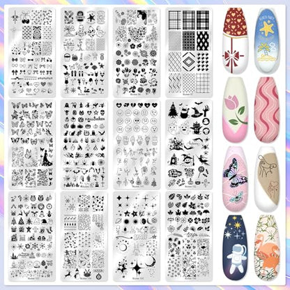 Biutee Nail Stamping Plate 12Pcs with Silicone Stamper Scraper Storage Bag - color: 16PCS