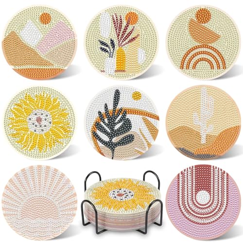 UPINS 8Pcs Boho Diamond Art Painting Coasters for Drinks - color: Bohemia Brown White