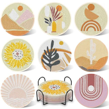 UPINS 8Pcs Boho Diamond Art Painting Coasters for Drinks - color: Bohemia Brown White