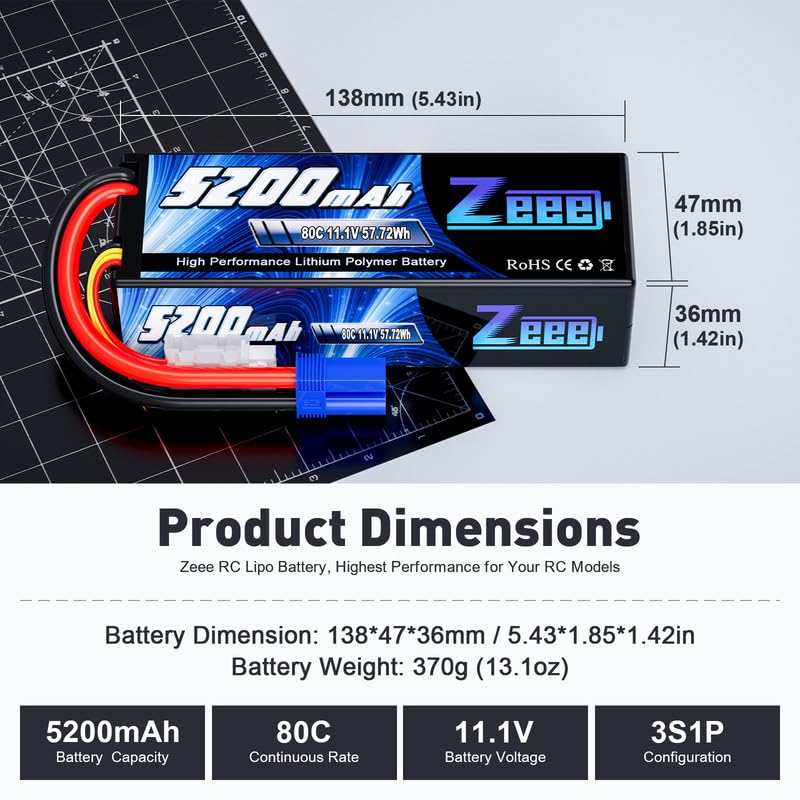 Zeee 3S Lipo Battery 5200mAh 11.1V 80C with EC5 Connector (2 Packs)