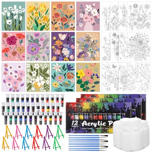 Sherr 108 Pcs Flower Sip and Paint Kit, Pre Drawn Canvas for Adults - style: Flower