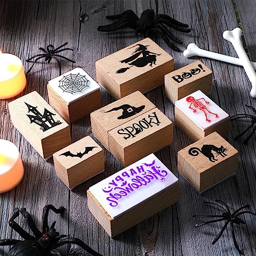 Woanger 15 Pcs Halloween Wooden Rubber Stamps and Craft Ink Pads Craft Card Pads Wooden Rubber Stamp for Scrapbooking DIY Stamps Paper Wood Fabric Halloween Holiday - color: Frightful