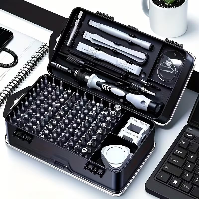 A comprehensive screwdriver kit with 115 tools, designed for versatility and high durability. This multifunctional disassembly kit includes irregular drill bits - color: Black