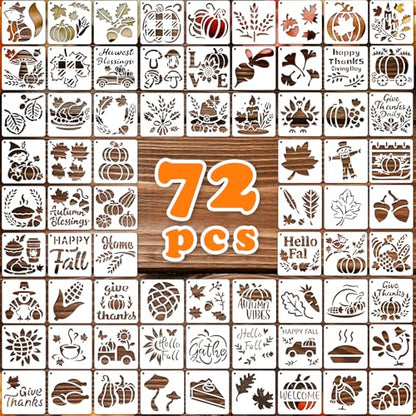 72 PCS 3x3 Inch Thanksgiving Stencils for Painting - Pumpkins, Gourds, Autumn Leaves, Wheat, Turkey Reusable Thanksgiving Painting Templates on Wood, Glass, Fabric, Window Door Decor DIY Decoration - style: 72PCS Thanksgiving