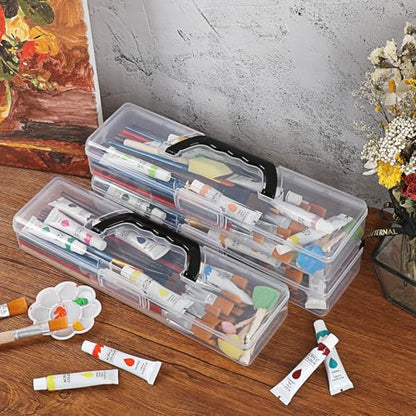 BTSKY 3 Pack Clear Plastic Painting Brush Container with Black Handle, Portable Long Paintbrush Case, Drawing Tools Storage Box, Practical Art Supply Organizer for Artist Crafters, 13.2"x3.5"x2.4"