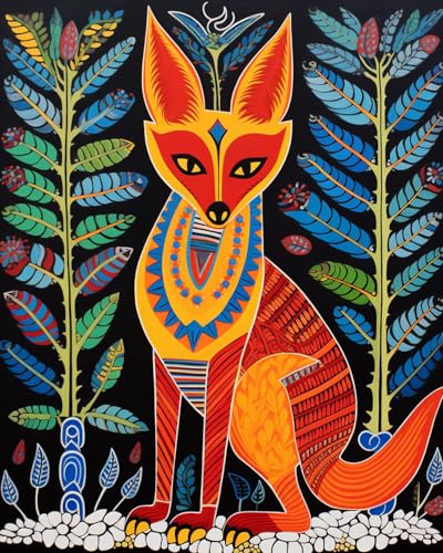 Gond Animal Fox Oil Painting Paint by Number Kits 16 x 20 inch Canvas Gond Painting Style Fox Art DIY Oil Painting for Kids Students Adults Beginner with Brushes Acrylic Pigment(without Frame) - color: Gond Animal 03, size: 16''x20''(Frameless)