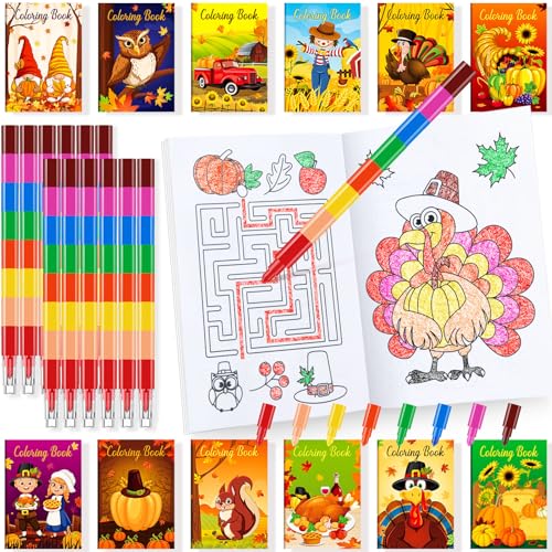 BenLouis 24 Thanksgiving Mini Coloring Books with 24 Crayons for Kids Bulk - style: Thanksgiving