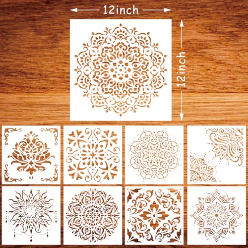 9 Pack Large Mandala Stencils, 12 Inch Templates for Wood and Walls