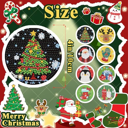 Leatrice 8 PCS Christmas Diamond Art Coasters Kits with Holder 4 in - color: AA Chrismaths b